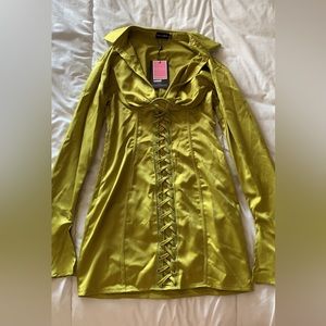 Pretty Little Thing Olive Satin Underwired Eyelet Lace Up Detail Shirt Dress